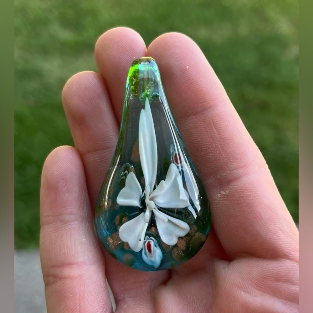 Teardrop Glass Pendant with Floral Design